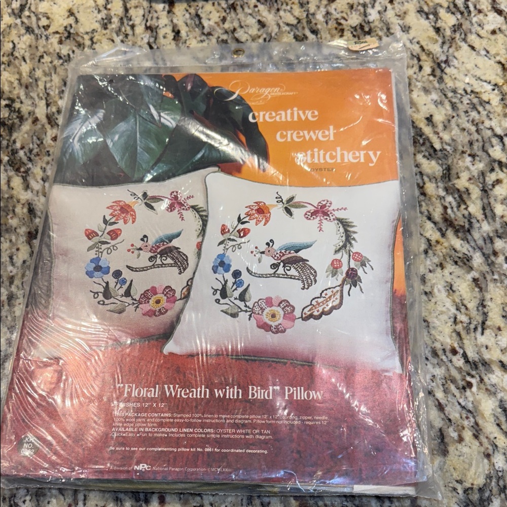 Vintage (1973) Paragon Crewel Stitchery Pillow Kit with Floral and Bird Design